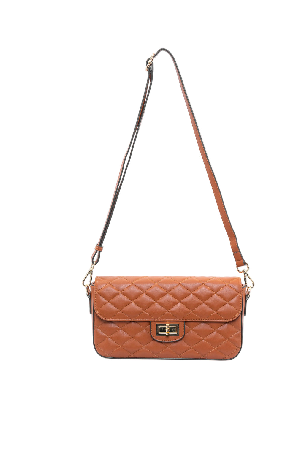 A brown quilted leather shoulder bag with a flap closure and a gold-tone turn-lock clasp, shown against a plain white background.