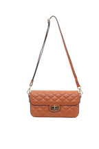 A brown quilted leather shoulder bag with a flap closure and a gold-tone turn-lock clasp, shown against a plain white background.